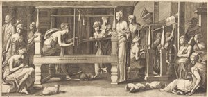 Pénélope et ses servantes tissant - Master FG, after Francesco Primaticcio