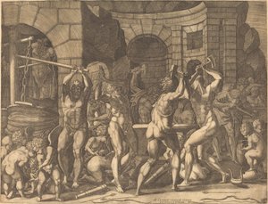 Vulcain et les Cyclopes forgeant des flèches - Master FG, after Francesco Primaticcio
