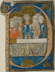 Évêque à la messe dans une initiale historiée "P" d
