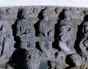 Détail du Portique de la Gloire représentant des musiciens - Master Mateo