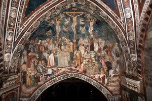 La Crucifixion. Fresque du Maître du Sacro Speco. 14e siècle. Église supérieure. Monastère de Saint Benoît (Sacro Speco), Subiaco (Rome), Italie - Master Trecentesco of Sacro Speco School