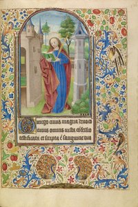 Sainte Barbe avec un livre et une palme de martyr devant une tour