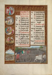 Page du calendrier de septembre ; Labour et semailles ; Scorpion - Master of James IV of Scotland