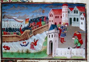 Scène de bataille et décapitation. Illustration du roman Le Décaméron de Giovanni Boccaccio