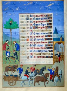Vendange et transport page de manuscrit enluminé du Livre d