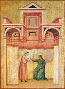 Cécile persuadant son mari Valérien de se faire baptiser, détail du retable représentant la Légende de sainte Cécile, vers 1304, par Maître de Sainte Cécile