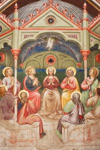 La Pentecôte (détail avec des saints en prière, la Vierge Marie et la colombe)