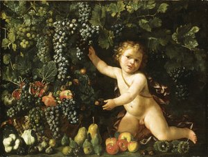 Raisins sur la vigne, grenades, raisins et cynorrhodons dans un panier, avec figues, pommes, poires et châtaignes par un putto