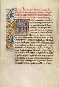 Initiale A : Le corps de saint Antoine transporté à Constantinople et la guérison de deux lépreux après avoir touché le corps du saint - Master of the Brussels Romuléon