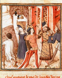 Légende de Jocaste, reine de Thèbes. Œdipe, aveugle, après avoir réalisé qu