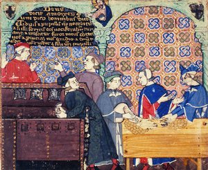 Avarice. Une miniature avec des scènes de banque