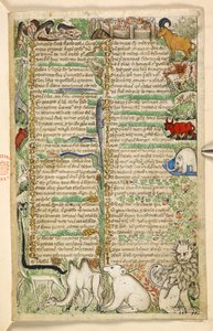 Add. 28841, f.3: Cannibales, une ville fortifiée et des animaux exotiques dont une girafe, un lion, un chameau et un éléphant, d