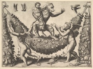 Un singe tenant un putto lié debout sur une guirlande devant laquelle se trouvent deux ailes..., 1530-60 - Master of the Die
