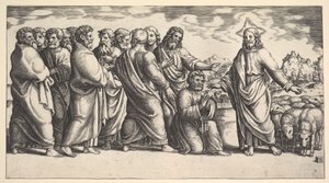 Christ indiquant à un troupeau de moutons, devant lui Saint Pierre à genoux - Master of the Die