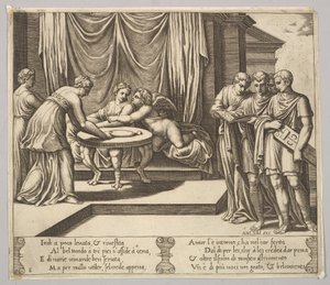 Planche 8 : Psyché assise à une table et servie par des serviteurs invisibles, Éros à côté, 1530-60 - Master of the Die
