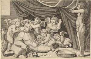 Speculum Romanae Magnificentiae : Bacchus entouré de putti avec Priape tenant..., XVIe siècle - Master of the Die
