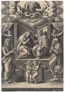 Le Couronnement de la Vierge, en bas à gauche se tient Saint Jean-Baptiste, en bas à droite..., 1530-60 - Master of the Die