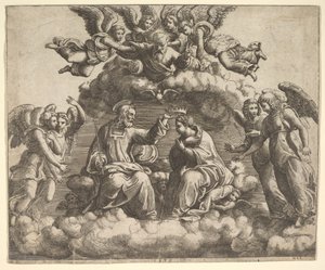 Le couronnement de la Vierge, le Christ tenant la couronne au-dessus de sa tête, Dieu le Père bénissant