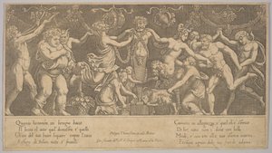 Le sacrifice à Priape sous forme de statue au centre, Bacchus et un sa..., 1530-60 - Master of the Die