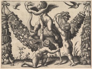 Trois putti devant une grande guirlande, celui du milieu monte une autruche, ca. 1530-40