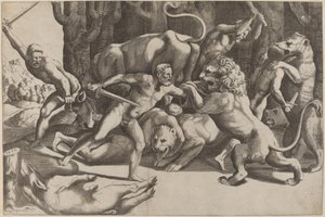 Cinq hommes combattant des bêtes - Master of the Die after Giulio Romano
