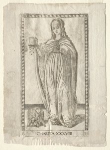 Charité de la série Tarocchi, série B : Principes cosmiques et vertus, #38, avant 1467 - Master of the E Series Tarocchi