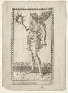 Génie du Soleil de la série Tarocchi, série B : Principes cosmiques et vertus, #31, avant 1467 - Master of the E Series Tarocchi