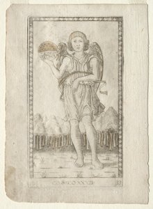 Génie du Monde de la série Tarocchi, série B : Principes cosmiques et vertus, #33, avant 1467 - Master of the E Series Tarocchi