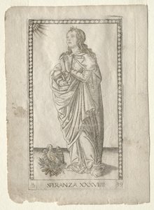 Espoir de la série Tarocchi, série B : Principes cosmiques et vertus, #39, avant 1467 - Master of the E Series Tarocchi