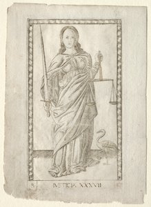 Justice de la série Tarocchi, série B : Principes cosmiques et vertus, #37, avant 1467 - Master of the E Series Tarocchi