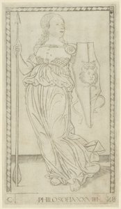 Philosophie, planche 28 des Arts et Sciences - Master of the E Series Tarocchi