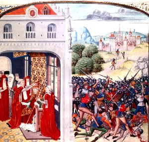 Consécration du Pape Grégoire IX à Avignon France (pontificat en 1227-1241) par Jean Froissart (vélin) - Master of the Harley Froissart