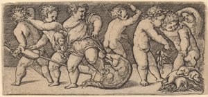 Enfants jouant avec une chienne et trois jeunes chiens - Master of the Horse Heads