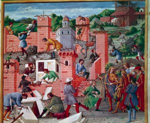 La construction de la ville de Rome. Les jumeaux Romulus et Remus visitent le site. Les ouvriers sont actifs dans la tâche : maçons, tailleurs de pierre, porteurs, marbre et ciment (préparation du ciment) au travail. Miniature dans le Romuleon.