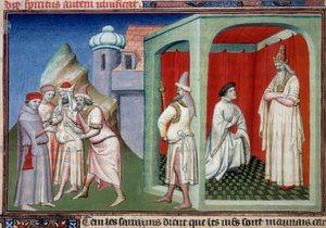 Jean de Mandeville et le Sultan. Controverse entre chrétiens et musulmans représentée par Jean de Mandeville, explorateur de Liège (1300-1372) et le Sultan des Sarrasins. Miniature dans "Le Livre des Merveilles du Monde" Ms. 2810 Folio 175v. Manuscrit