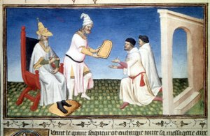 Marco et Mattia Polo recevant des dons de Kubilay Khan, - Miniature tirée du « Livre des Merveilles » (« Devisement du Monde », « Il Milione ») par Marco Polo (1254-1324) enluminée par le Maître de Mazarine, vers 1410-1412