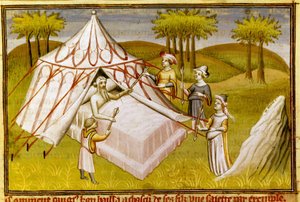 Le chef mongol Gengis Khan sur son lit de mort donnant ses dernières recommandations à ses fils, c.1410 (miniature) - Master of the Mazarine