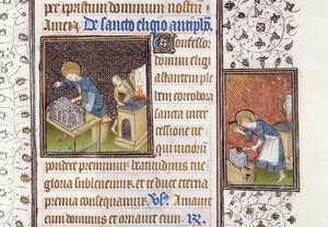 Ms 62 f.215r St. Éloi fabriquant un sanctuaire; St. Éloi à une enclume, d