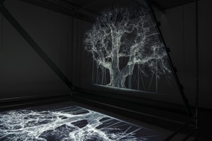 Albion, 2017 (projecteur, lecteur multimédia, échafaudage, film transparent, bois, peinture, miroir, accessoires d