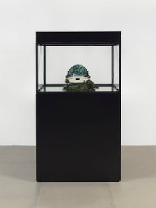 Alpha Omega, 2016 (verre, écran LCD, lecteur multimédia, réplique de crâne, casque spatial, bois)