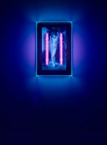 Ange ultraviolet, 2008 (encre ultraviolette sur boîte en plexiglas, 2 néons ultraviolets) - Mat Collishaw
