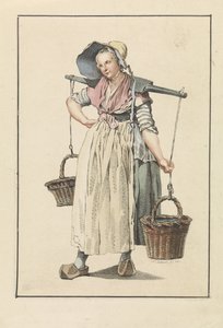 Femme paysanne avec deux paniers sur un joug