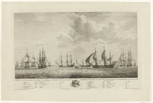Flotte de guerre néerlandaise devant Rammekens, 1782-1783 Vue des navires de guerre du pays, sous le commandement du contre-amiral Van Kruyne, en rade de Rammekens, en 1782 et 1783 - Mathias de Sallieth