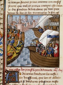 Septième croisade : Roi Saint Louis (1214-1270) et les croisés assiégeant Damiette en juin 1249 en Basse-Égypte. Miniature tirée du manuscrit « Speculum historiale » (Le Miroir historial) de Vincent de Beauvais (1184/94-1264) enluminée par le Maître