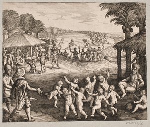 Sur le service de nourriture des sauvages, la préparation des boissons et leurs danses pour le roi - Matthäus Merian d.Æ.