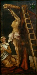 Christ en croix avec Marie Madeleine en deuil