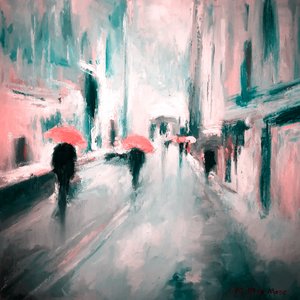 Parapluies roses, rue pluvieuse - Matthys Moss