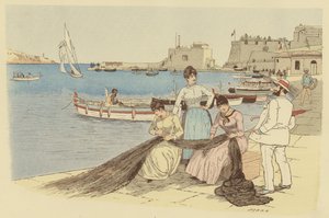 Un homme discutant avec un groupe de femmes réparant des filets de pêche dans la ville de Villefranche, France - Maurice Charles Mathieu Bonvoisin