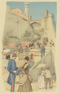 Personnes marchant sur le Grand Escalier du Palais Royal, Monaco (lithographie en couleur) - Maurice Charles Mathieu Bonvoisin