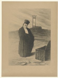 Juge devant la guillotine avec panier et balance